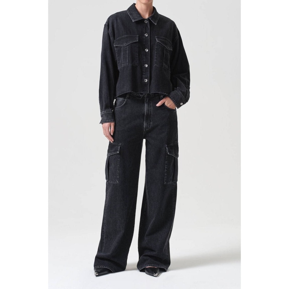 AGOLDE Black Denim Cropped Trucker Jacket Distressed Raw Hem Womens M